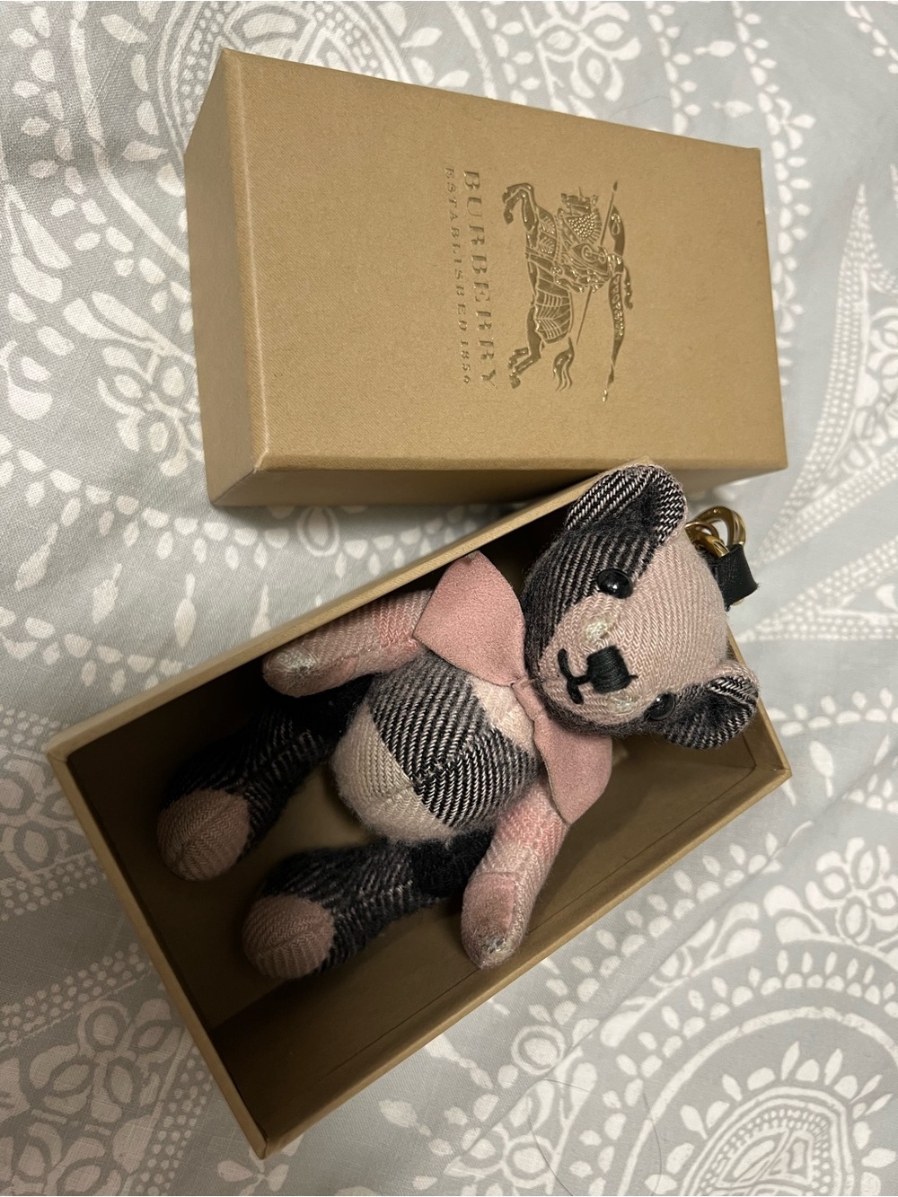 Burberry Pink and Black Checkered Teddy Bear Bag Charm